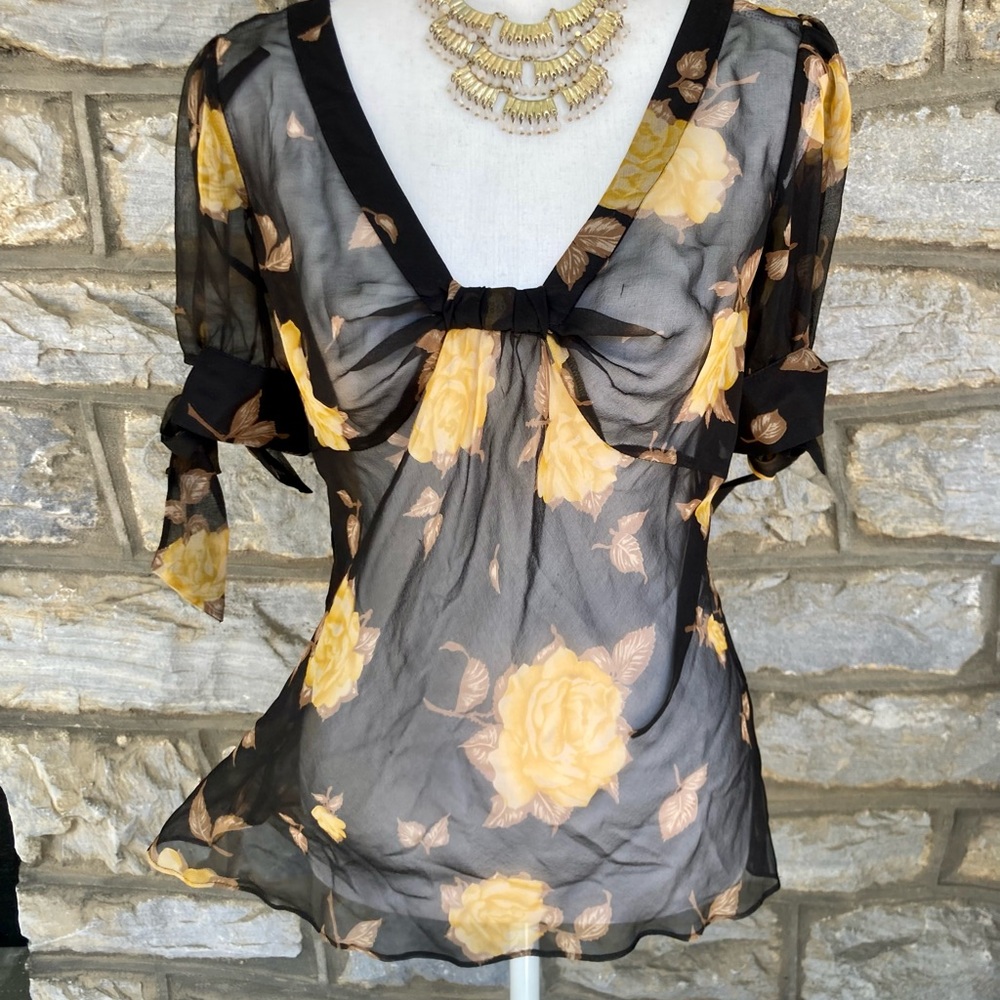 EUC Anthropologie | Odille Black Sheer Silk Blouse Yellow Rose Tie Sleeve Blouse